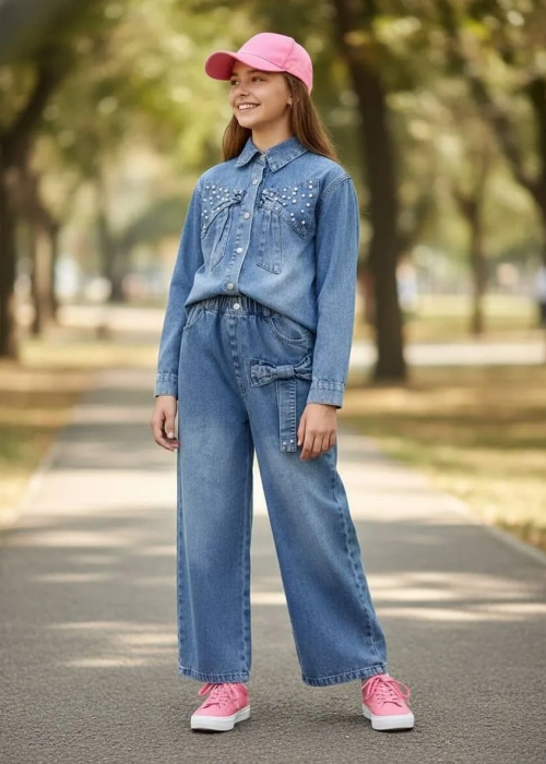 Костюм джинсовый для девочки с бантами (р-р 120-170)