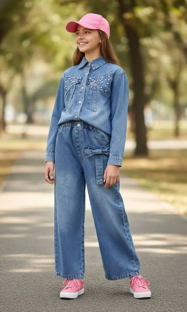 Костюм джинсовый для девочки с бантами (р-р 120-170)