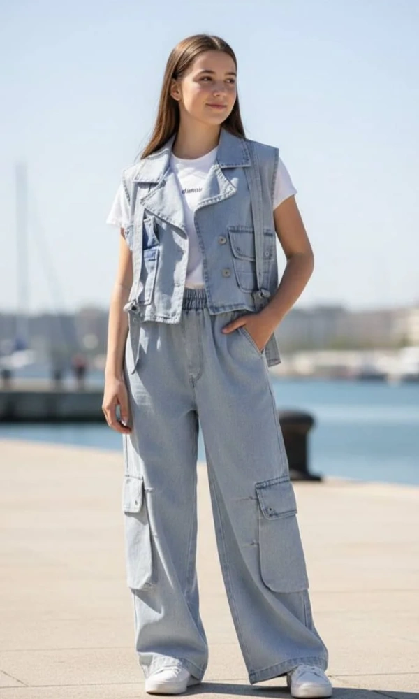 Джинсовый костюм для девочки: жилет+брюки (р-р 120-170)