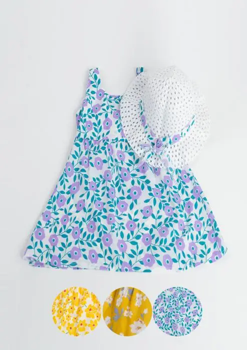 Платье для девочек на лямках + панама. Цветочный принт, декоративный бант (1-3 лет)