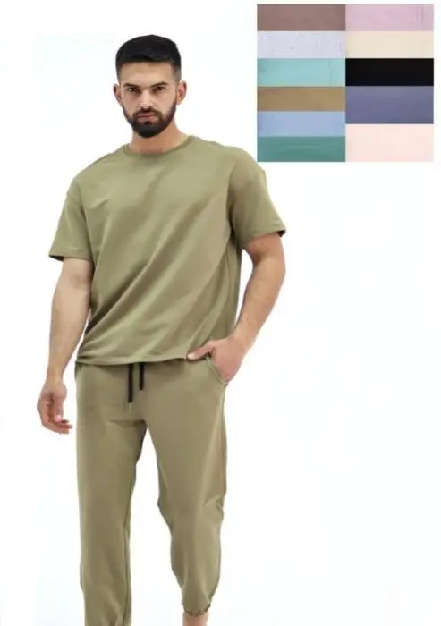Костюм мужской двунитка, двойка: футболка и брюки с карманами, на завязках. Однотонный (р-р 48-56)