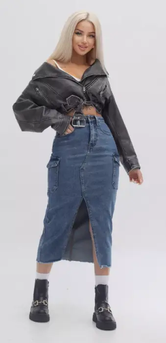 Юбка джинсовая миди с разрезом спереди и карманами (р-р 42-50)