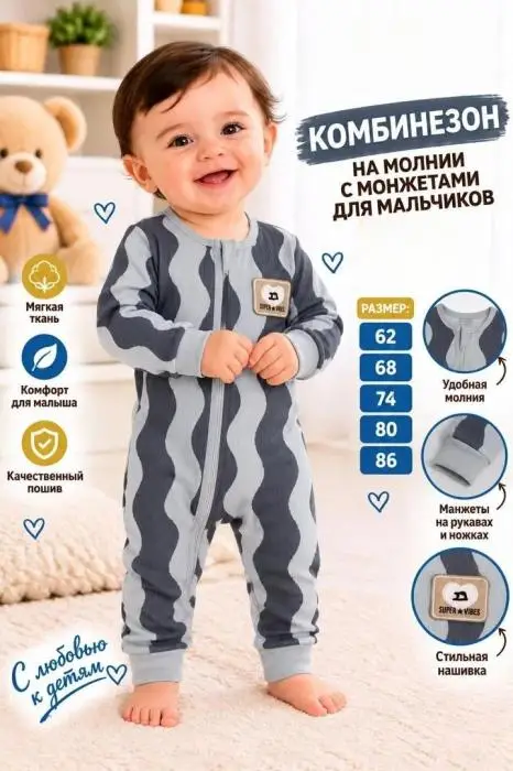 Комбинезон на молнии для новорожденных (р-р 62-86)