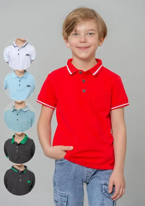 Футболка поло, однотонная с карманом и вышивкой, на пуговицах, для мальчика (4-8лет)