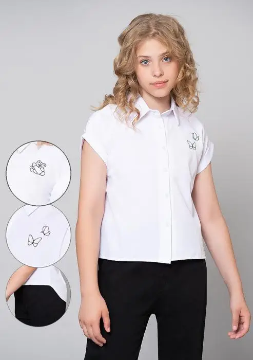  Блузка школьная для девочки, с коротким рукавом и принтом  (9-14 лет)