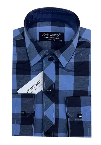 Рубашка детская с длинным  рукавом на кнопках в клетку , хлопок стрейч (р-р 29-36)