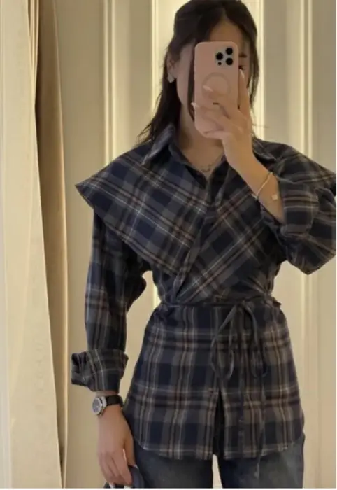 Рубашка женская в клетку с трансформируемой баской р-р 42-44