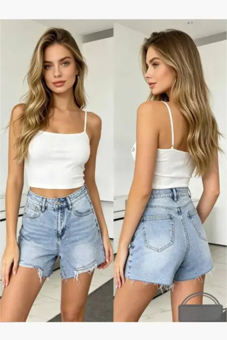 Шорты рваные джинсовые со стразами женские (р-р 25-30)