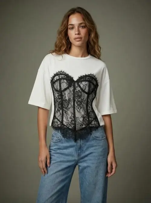 Футболка женская со вшитым кружевным корсетом (р-р 42-44)