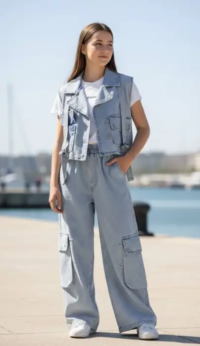 Джинсовый костюм для девочки: жилет+брюки (р-р 120-170)