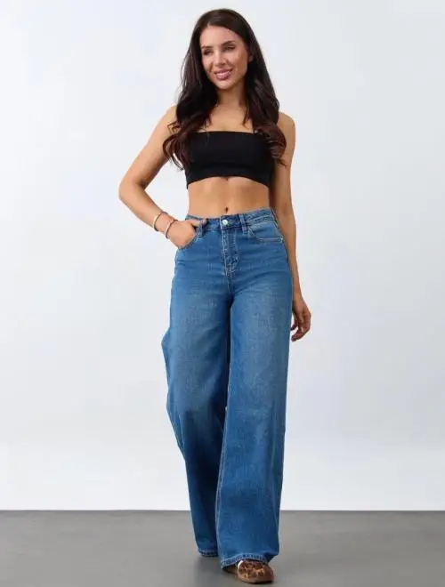Джинсы трубы широкие с высокой посадкой женские (р-р 25-30)