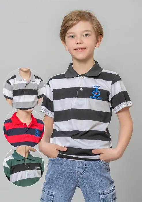 Футболка поло для мальчика, в широкую полоску и вышивкой, на пуговицах (8-14 лет)