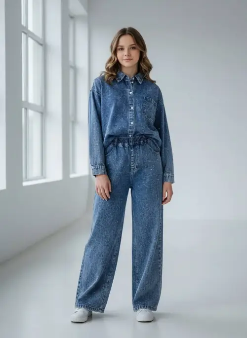 Джинсовый костюм со стразами для девочки (р-р 120-170)