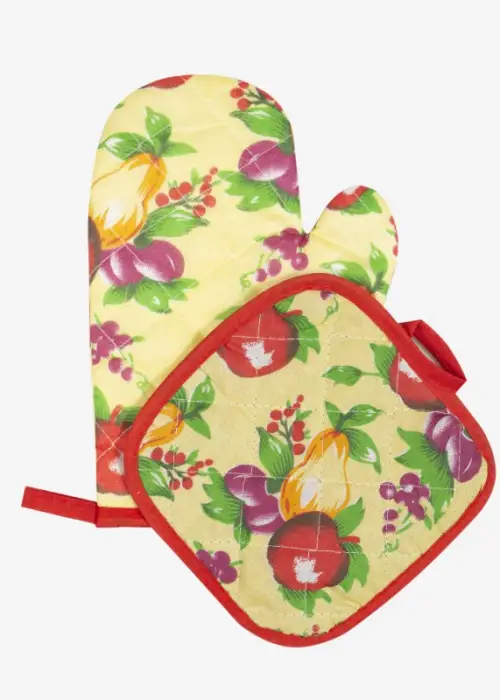 Кухонный набор: рукавица + прихватка ( принт: фрукты/ ягоды), рогожка