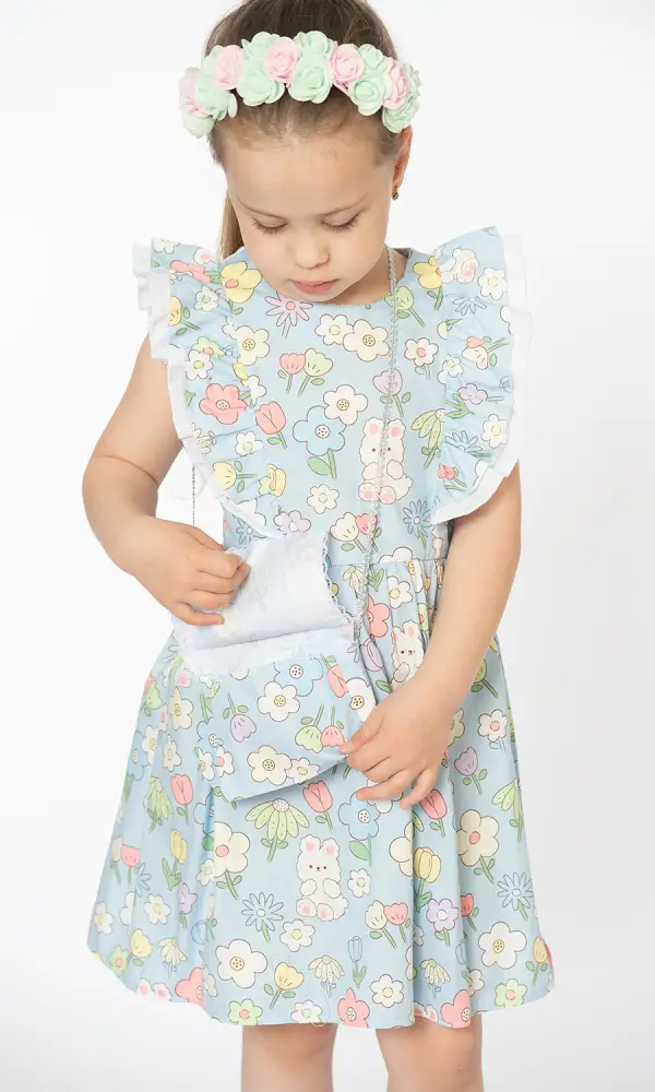 Платье для девочки с оборкой и крылышками на плечах, короткий рукав, принт (1-6 лет)