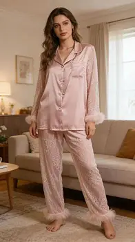 Пижама шёлковая с гипюром и перьями женская (р-р 42-50)