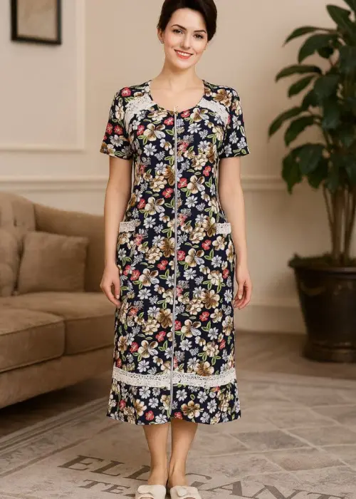 Халат женский на молнии с ажурными вставками р-р 50-60