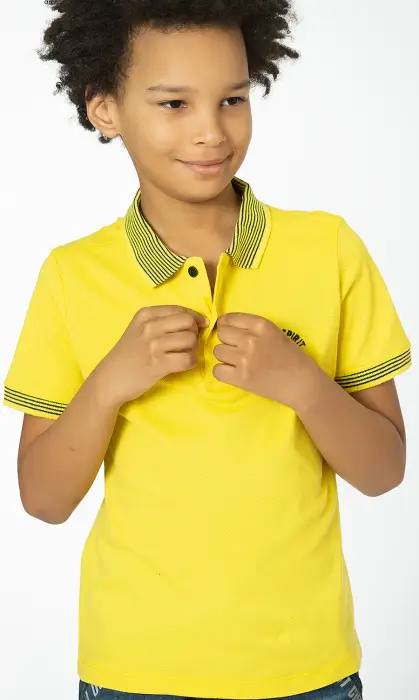 Футболка "Поло" для мальчика с отложным воротником, на пуговицах. Однотонная, с воротником в полоску (9-12 лет)