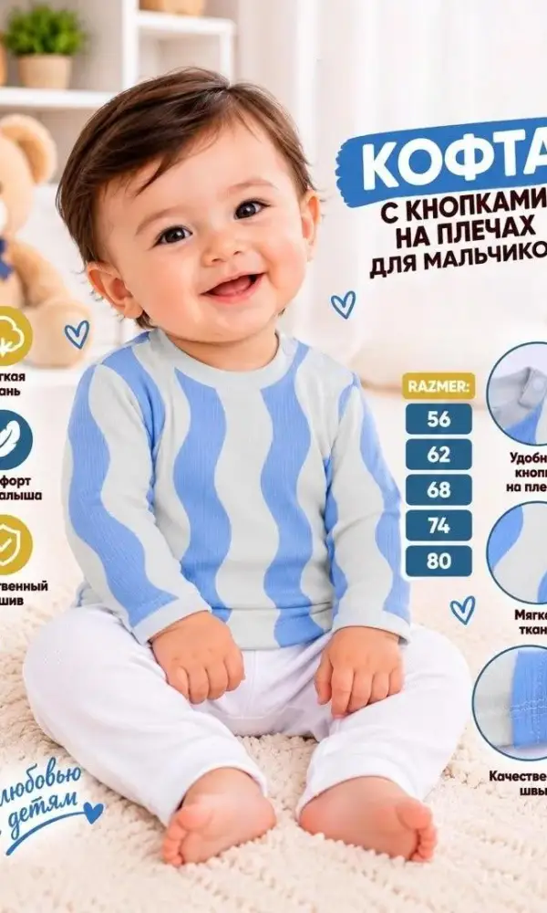 Кофточка с кнопками на плечах для малышей (р-р 56-80)