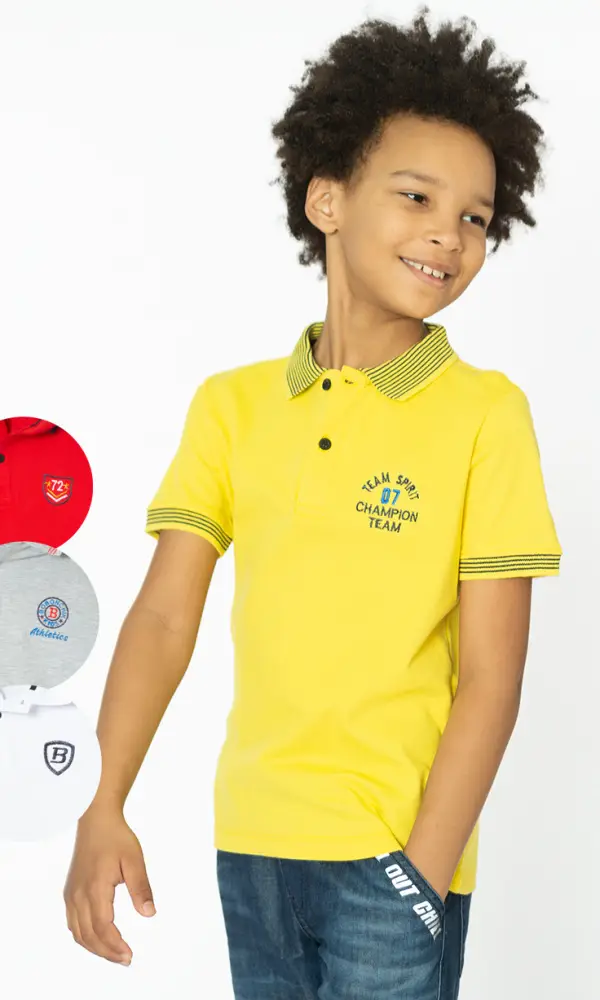 Футболка "Поло" для мальчика с отложным воротником, на пуговицах. Однотонная, с воротником в полоску (9-12 лет)