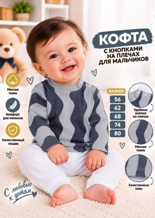 Кофточка с кнопками на плечах для малышей (р-р 56-80)
