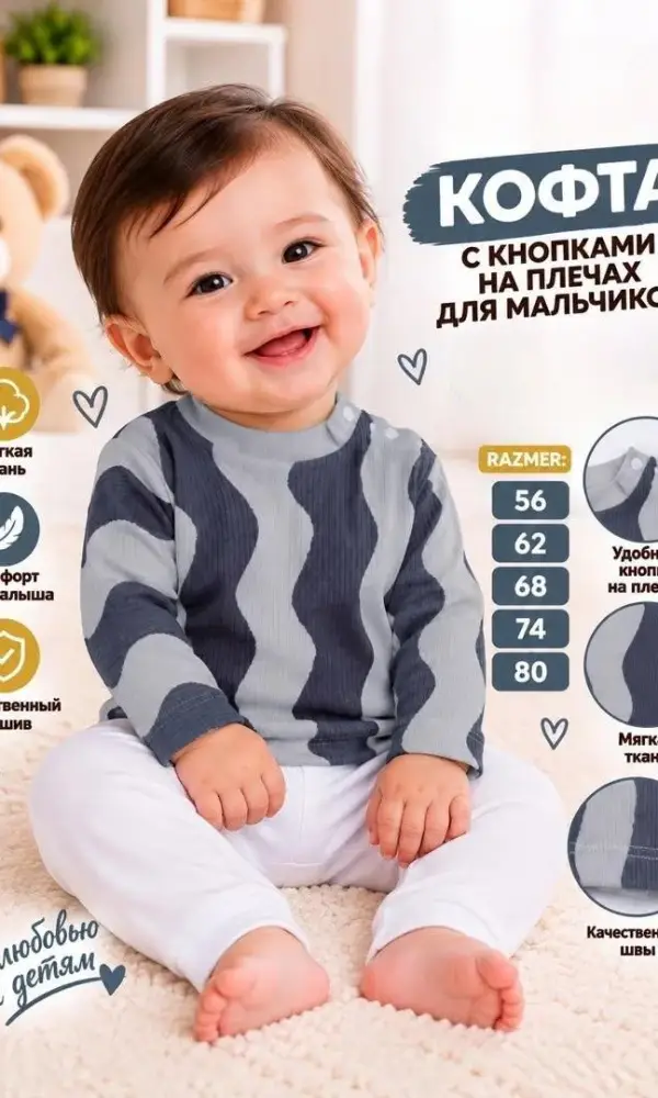 Кофточка с кнопками на плечах для малышей (р-р 56-80)