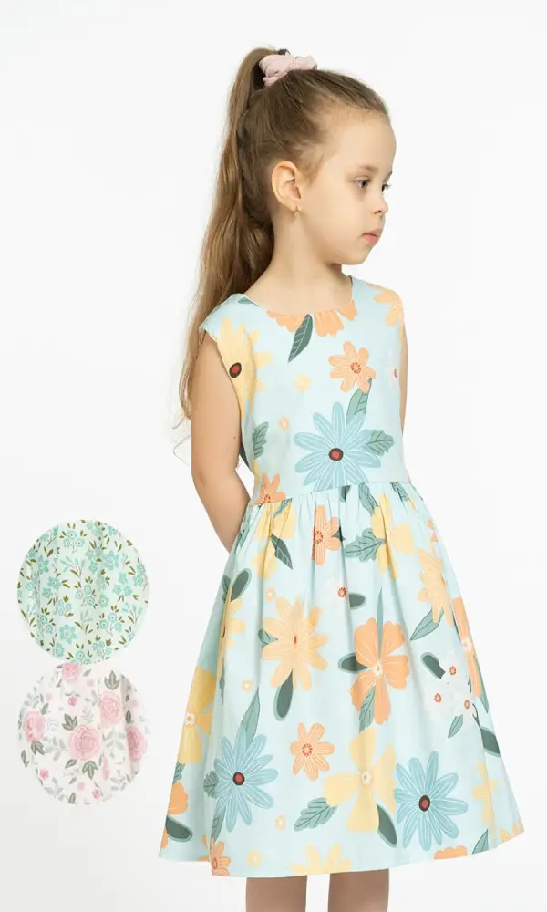 Платье для девочек с подкладом. Короткий рукав, пояс. Цветочный принт (5-11 лет)