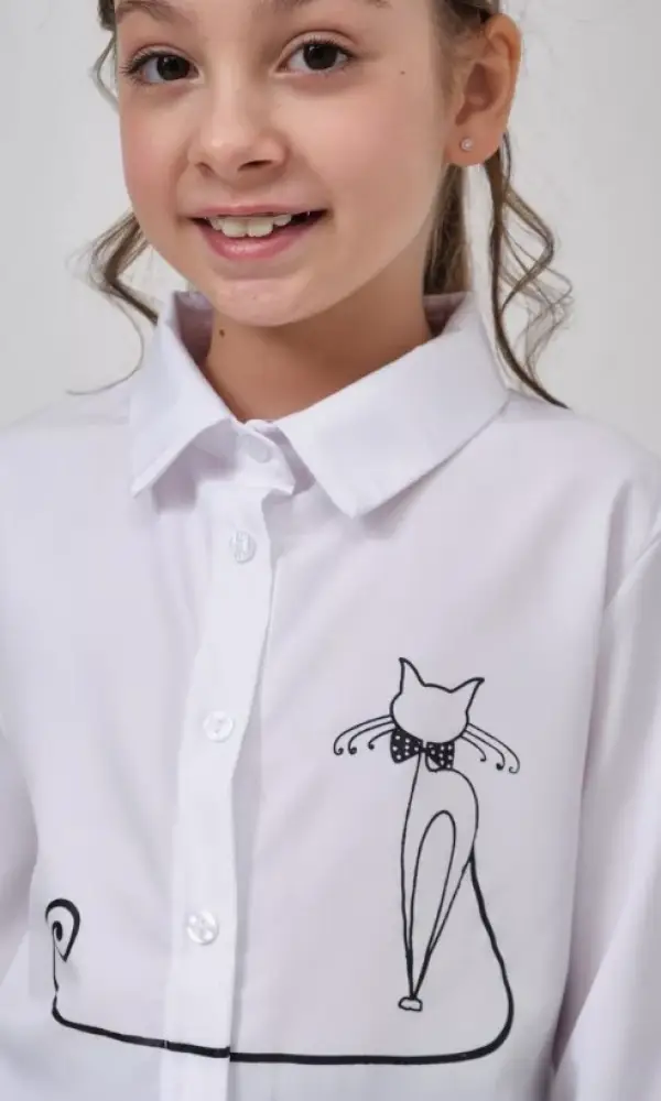 Рубашка школьная на девочку с котиком ( р-р 130-170)