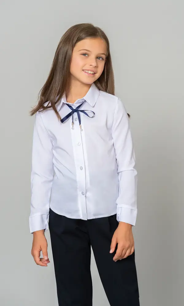  Блузка школьная для девочки, однотонная с длинным рукавом (8-12 лет)