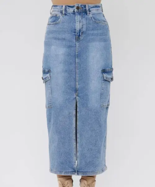 Юбка джинсовая, миди, с карманами карго ( р-р 42-50)
