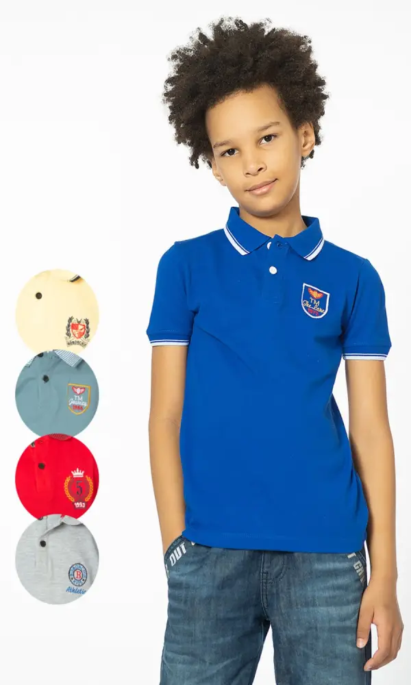Футболка "Поло" для мальчика с отложным воротником, на пуговицах. Однотонная, с воротником в полоску (1-4 лет)