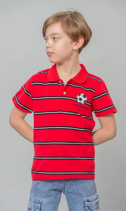  Футболка поло для мальчика, в полоску и вышивкой, на пуговицах (4-8 лет)