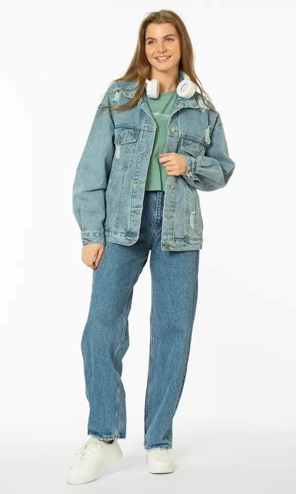 Куртка джинсовая женская. Оверсайз, с отложным воротником. Принт, размер единый (42-46) 
