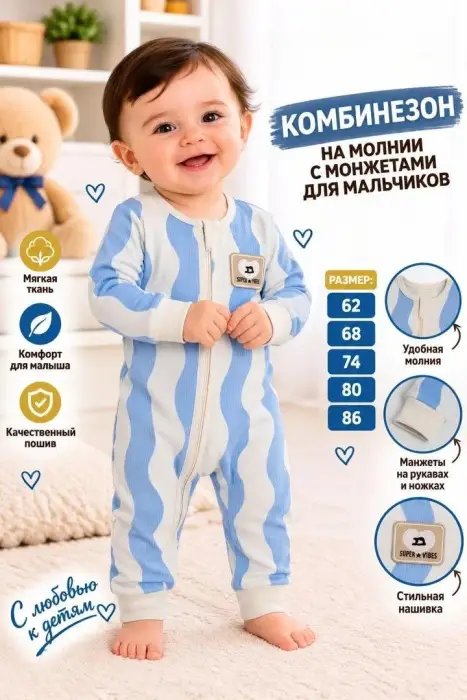 Комбинезон на молнии для новорожденных (р-р 62-86)