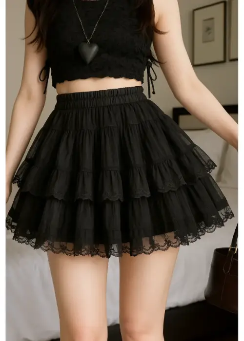 Юбка мини ярусная кружевная с воланами женская (р-р единый 42-46)