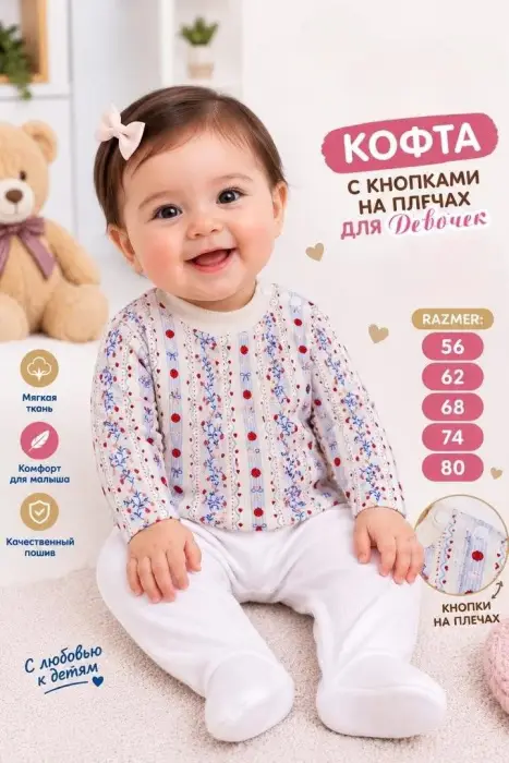 Кофточка с кнопками на плечах для малышей (р-р 56-80)