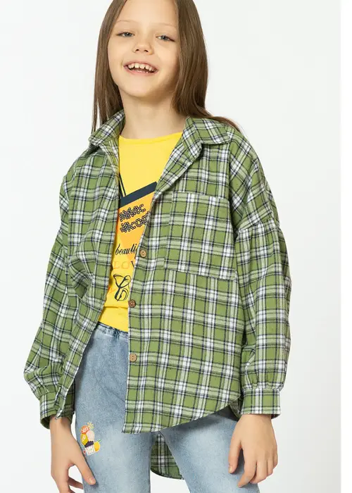 Рубашка для девочки, с длинным рукавом. Принт "Клетка" (10-17 лет)