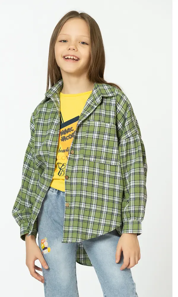 Рубашка для девочки, с длинным рукавом. Принт "Клетка" (10-17 лет)