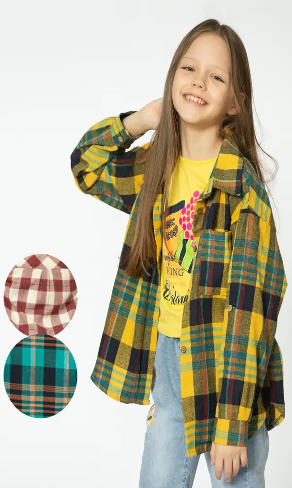  Рубашка для девочки, с длинным рукавом. Принт "Клетка" (1-9 лет)