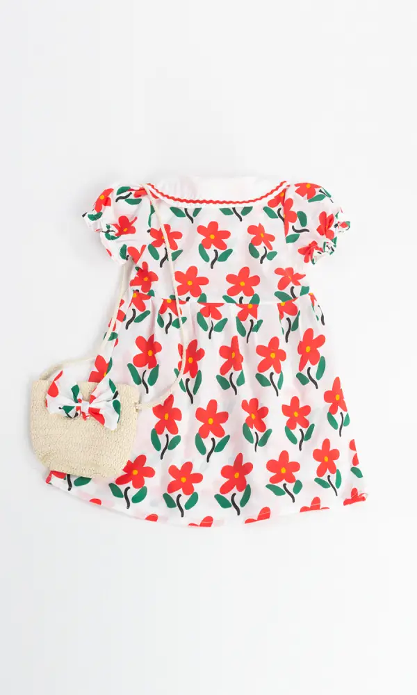 Платье для девочек с коротким рукавом + сумка. Воротник, цветочный принт (1-3 лет)
