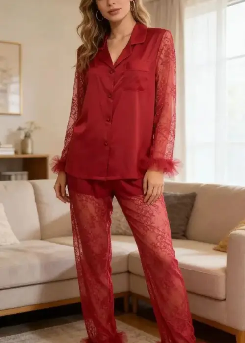 Пижама шёлковая с гипюром и перьями женская (р-р 42-50)