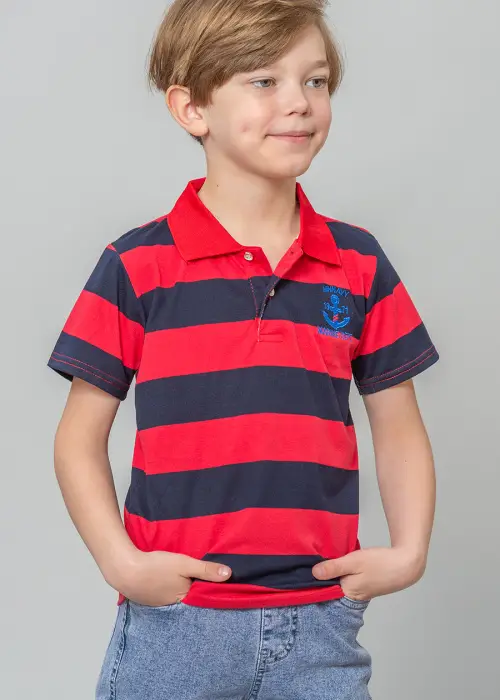 Футболка поло для мальчика, в широкую полоску и вышивкой, на пуговицах (8-14 лет)