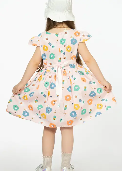 Платье для девочек с подкладом. Короткий рукав, пояс. Цветочный принт (2-8 лет)