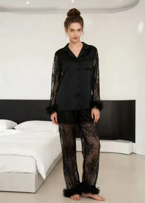 Пижама шёлковая с гипюром и перьями женская (р-р 42-50)