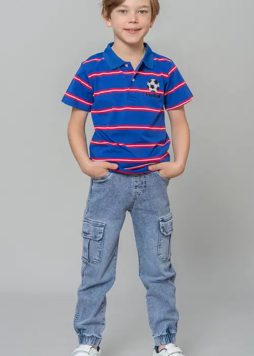  Футболка поло для мальчика, в полоску и вышивкой, на пуговицах (4-8 лет)