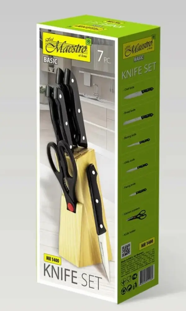 Набор ножей, пластиковые ручки 7предметов в деревянной подставке