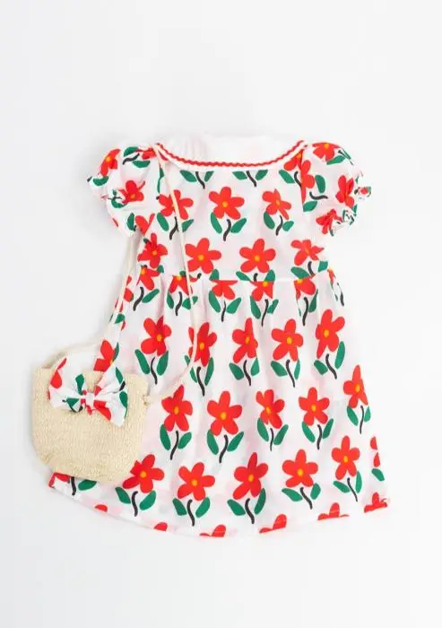 Платье для девочек с коротким рукавом + сумка. Воротник, цветочный принт (1-3 лет)