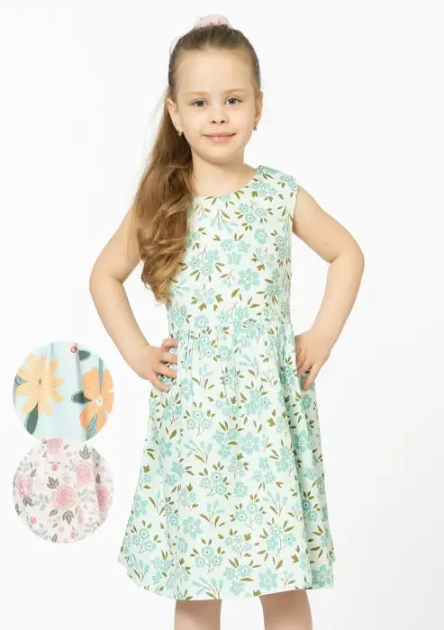 Платье для девочек с подкладом. Короткий рукав, пояс. Цветочный принт (5-11 лет)