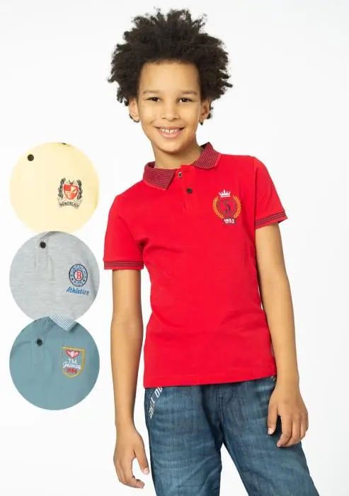 Футболка "Поло" для мальчика с отложным воротником, на пуговицах. Однотонная, с воротником в полоску (5-8 лет)