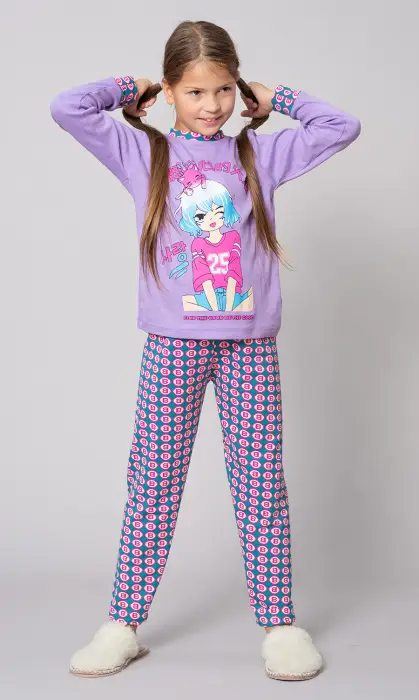 Пижама для девочки, с принтом, на манжетах (9-12 лет)